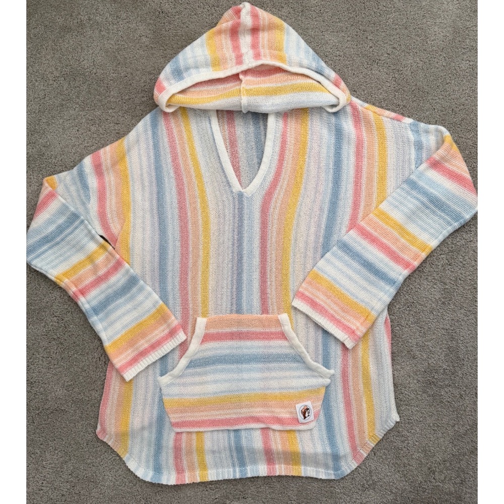 Buc-ee's Womens Pastel Striped Knit Hoodie Sweater V-Neck Medium